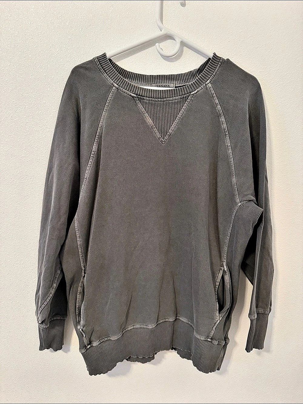 Zenana Women's Distressed Crewneck Sweater in Gray Size Medium